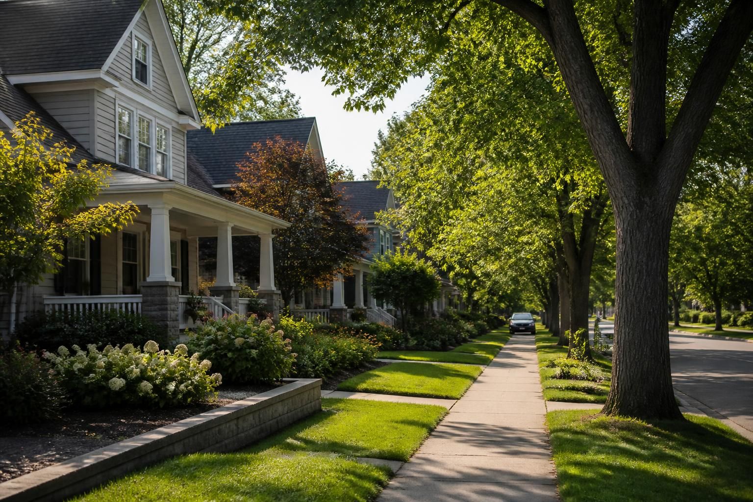 Tree-lined residential street with attractive well-kept homes.