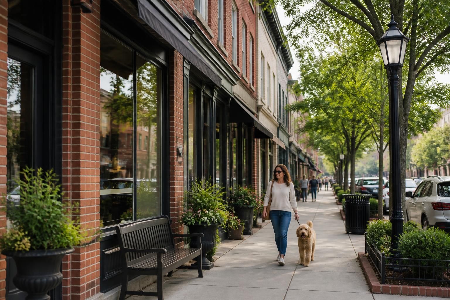 Clean commercial district with brick storefronts and sidewalks.