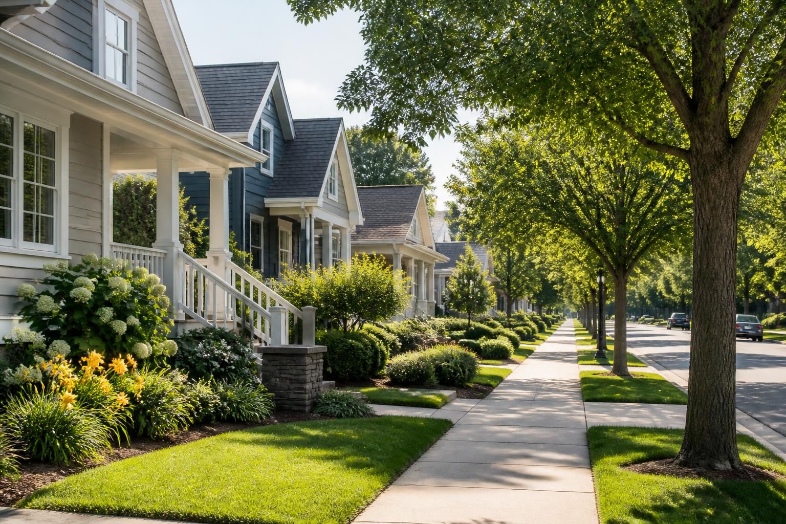 Welcoming suburban street with well-kept homes and trees.
