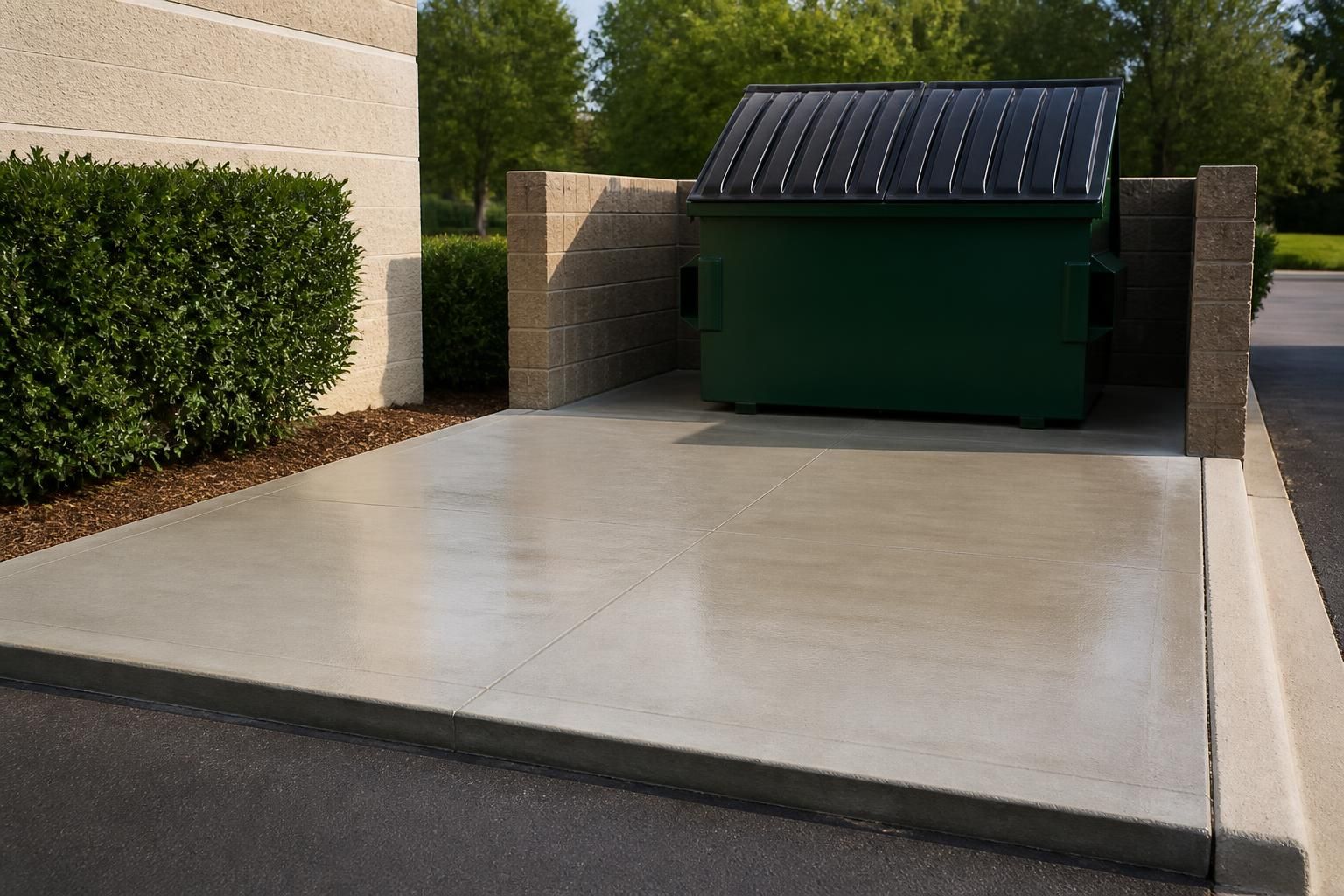 Freshly cleaned commercial dumpster pad with clean concrete.