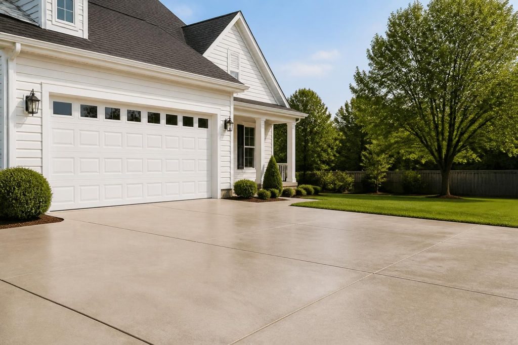 Freshly cleaned driveway and siding in soft natural daylight.