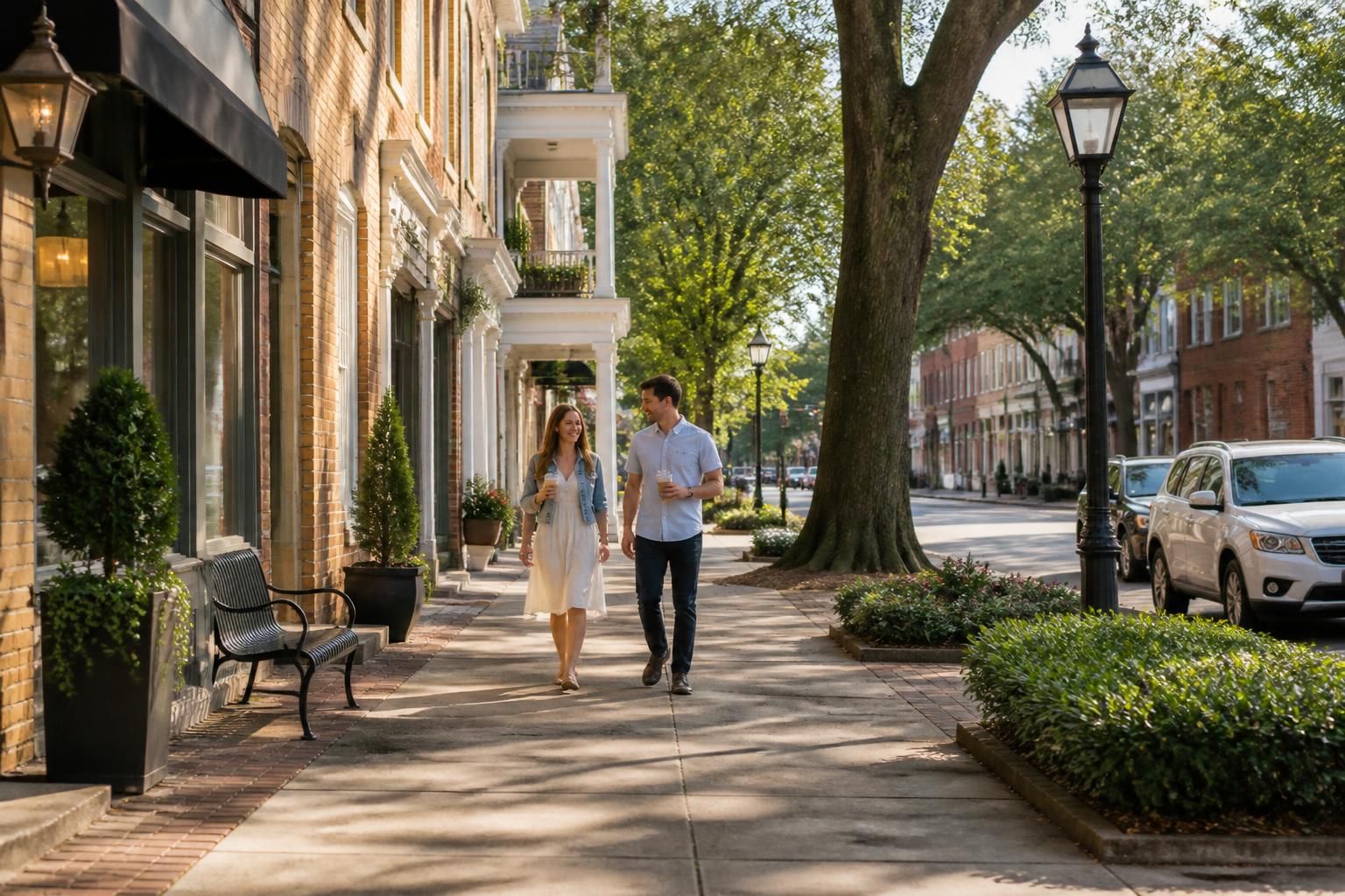 Welcoming downtown neighborhood with clean sidewalks and storefronts.