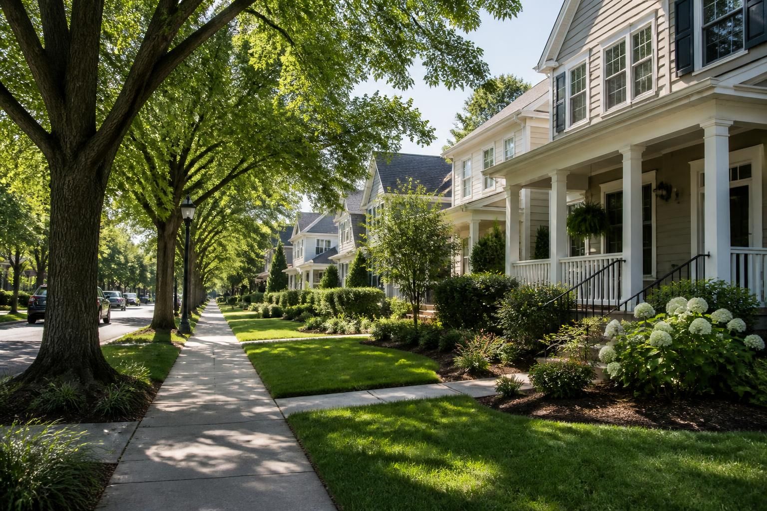 Neighborhood street with clean homes and mature trees.