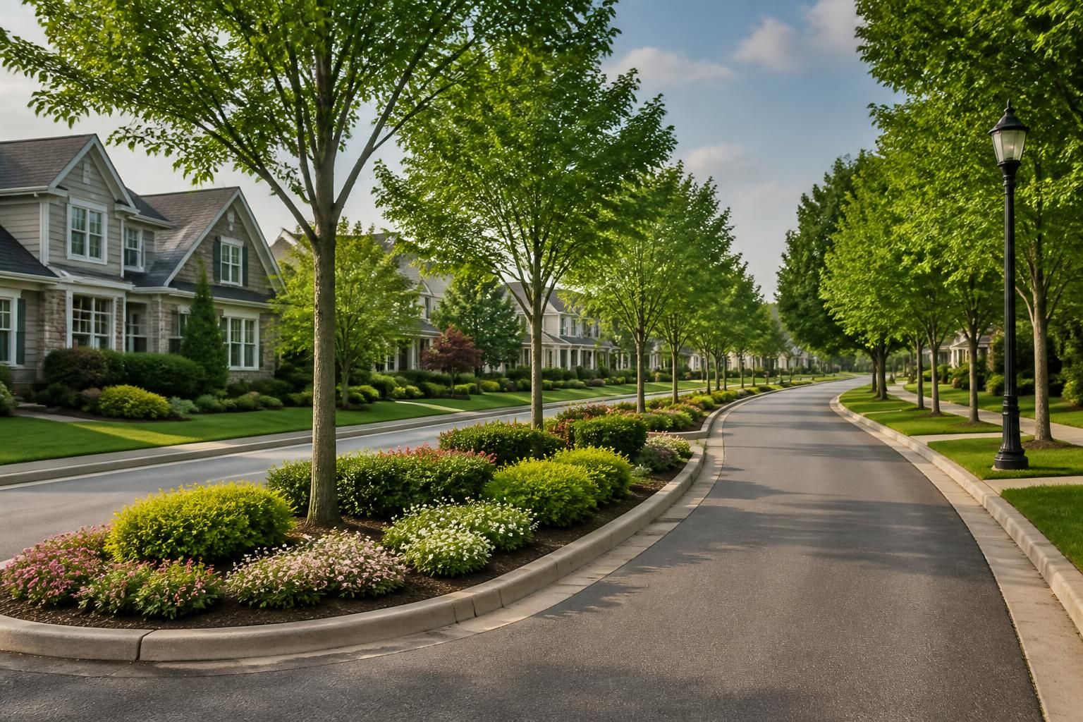 Suburban parkway with landscaped medians and fresh greenery.